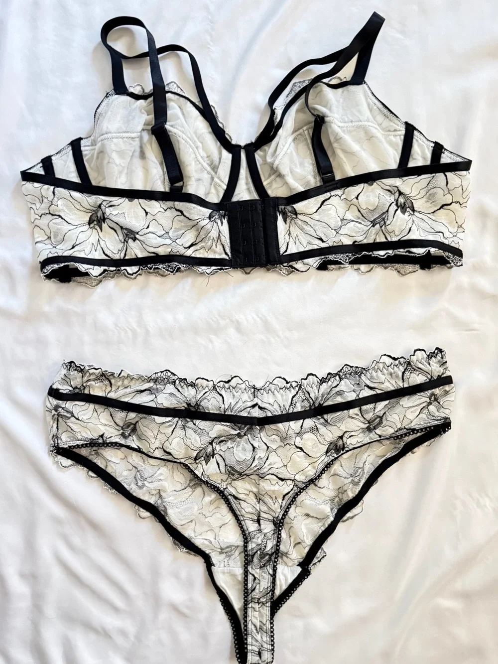 Sheer Floral Lace Underwire Bra & Bikini Set - Black and White